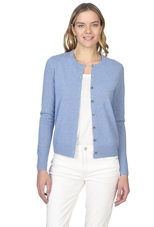 State Cashmere Women's 100% Pure Cashmere Button Front Long Sleeve Crew Neck Cardigan Sweater
