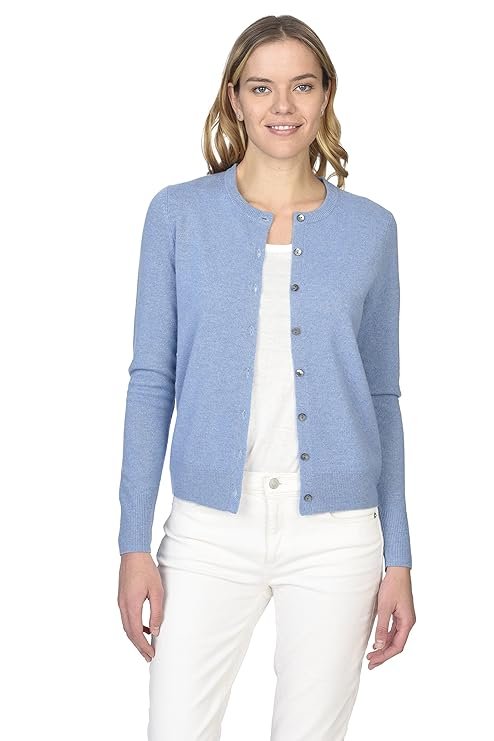 State Cashmere Women's 100% Pure Cashmere Button Front Long Sleeve Crew Neck Cardigan Sweater