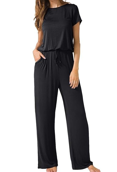 LAINAB Womens Soft Summer Jumpsuits Short Sleeve Casual Wide Legs Rompers