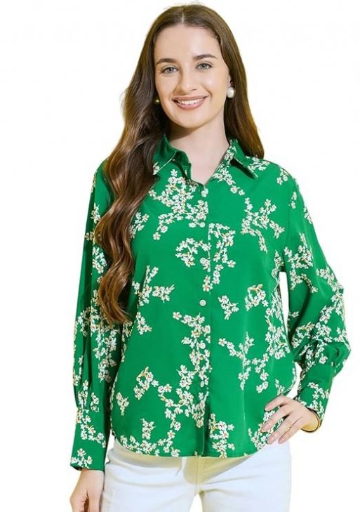 Floral Printed Green Collared Neck Long Sleeve Crepe Regular Fit Women's Casual Shirt || Flower Printed Spread Collar Long Cuffed Sleeve Button Down Regular Length Shirt For Women Stylish Western