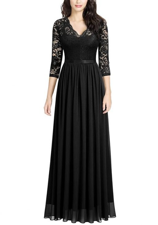 MISSMAY Women's Vintage Floral Lace V Neck Evening Bridesmaid Formal Long Dress