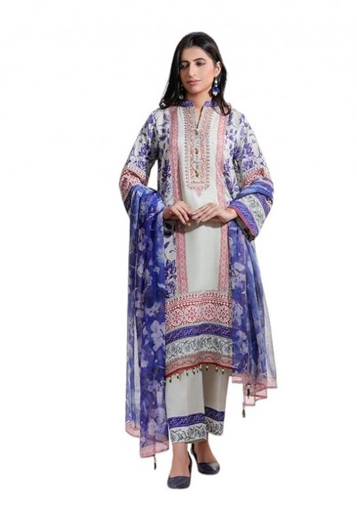 THE COTTON LAWN SHOP Women's 3 Piece Cotton Floral Stylish Printed Unstitched Salwar Suit Dupatta With Embroidered lace Dress Material (White)