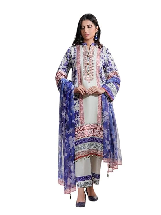 THE COTTON LAWN SHOP Women's 3 Piece Cotton Floral Stylish Printed Unstitched Salwar Suit Dupatta With Embroidered lace Dress Material (White)