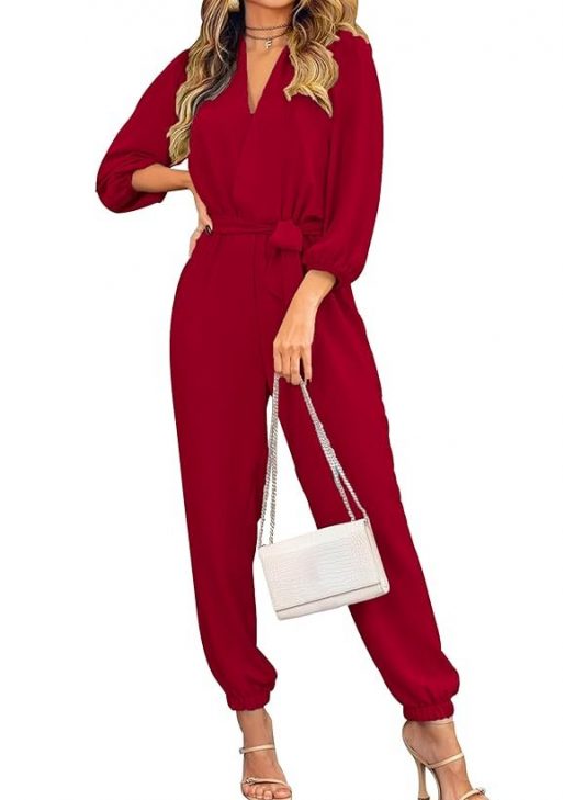 PRETTYGARDEN Women's 2023 Autumn Jumpsuits, Casual Dressy, One-Piece Outfits, V-Neck, Long Sleeve, Belt Pockets, Long Trousers, Rompers, Getaway Solids, XXL