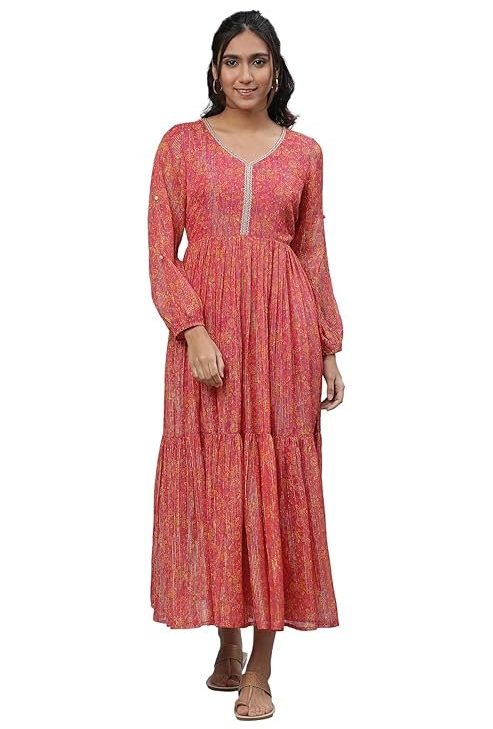 Aurelia Women's Cherries Jubilee Floral Printed Poly Georgette Lurex Flared Ankle Length Dress