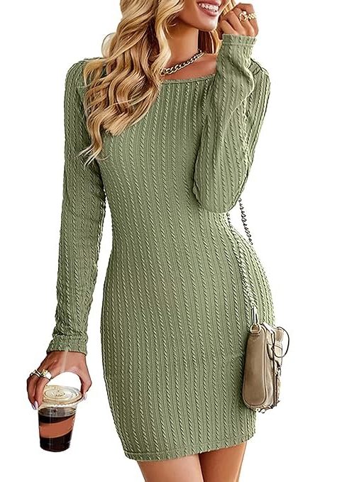 JUMZ Bodycon Dress, Skin Friendly Casual Round Neck Pleated Open Back Knitted Dress to Party Meeting L Green