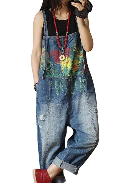 Women Casual Loose Denim Jumpsuits Rompers Boyfriend Plus Size Baggy Jeans Overalls Hand Printed Distressed Poled/Pockets P60