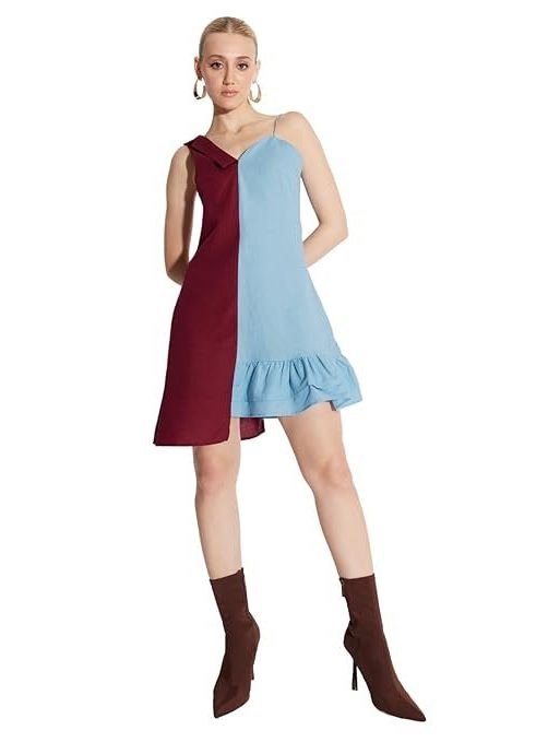 Mismatchd Regular Solid V Neck, Sleevless Linen Cotton Dress for Womens