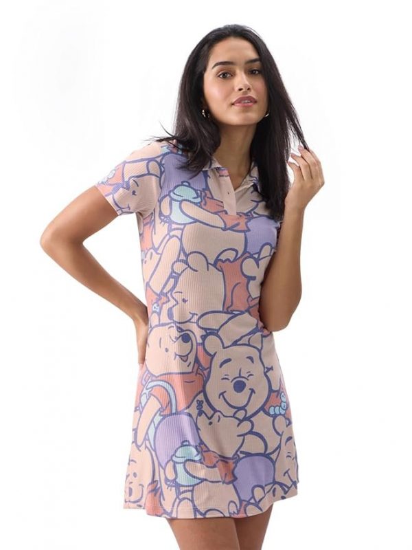 The Souled Store Official Winnie The Pooh: Faces Women and Girls Short Sleeves Collared Neck All Over Printed Polyester Blend Mini Dresses