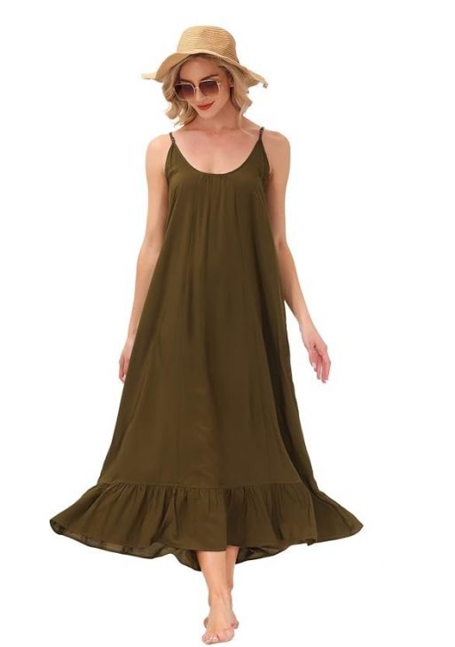 BUENOS NINOS Women's V Neck Floral Maxi Dress Boho Printed Adjustable Spaghetti Strap Ethnic Beach Long Dress with Pockets S Army Green Dress