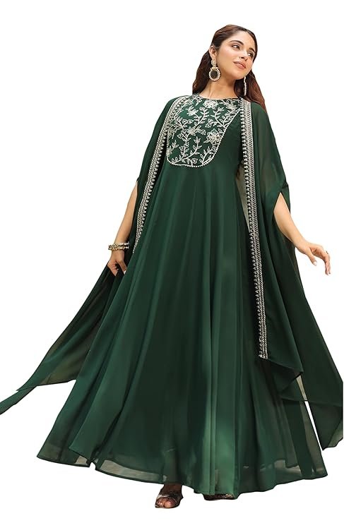 Janasya Women's Dark Green Georgette Embroidered Anarkali Dress with Cape