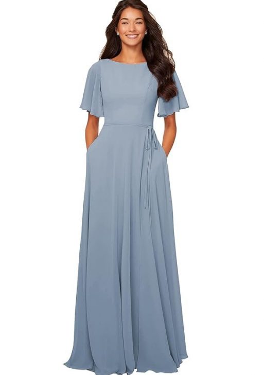 petyoo Flutter Sleeve Bridesmaid Dresses for Wedding Women 2024 Chiffon Prom Formal Dress with Pockets Sash