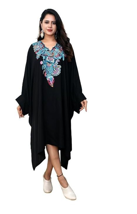 SUN-ROSE FASHIONS Boutique Collection Women's Black Long Sleeves Kaftan Dress with Rich Embroidery