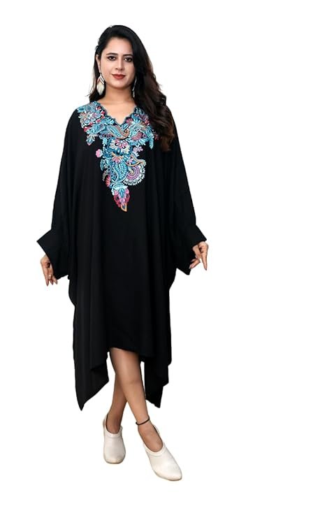 SUN-ROSE FASHIONS Boutique Collection Women's Black Long Sleeves Kaftan Dress with Rich Embroidery