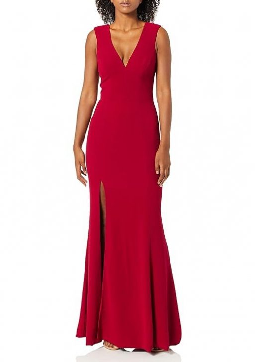Dress the Population Women's Sandra Plunging Thick Strap Solid Gown With Slit Dress, Garnet, S