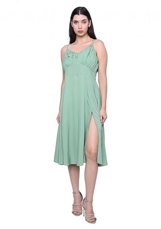 IndusVale Regular Fit Spaghetti Neck Solid Green Dress for Women, Casual Wear, Sleeveless, Midi Length Dress, Bustier Dress, Machine Cold Washed Fabric.