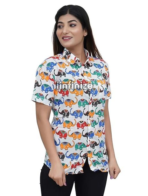 iinfinize Cotton Regular Fit Casual Shirt for Women Spread Collar Latest Western Shirt Short Sleeve Elephant Printed Shirt