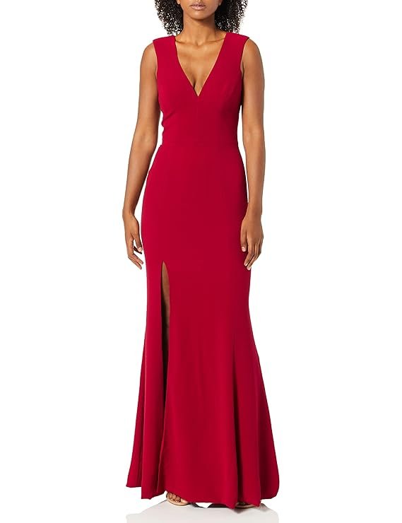 Dress the Population Women's Sandra Plunging Thick Strap Solid Gown With Slit Dress, Garnet, S