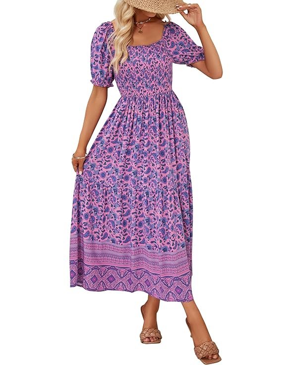 ZESICA Women's Boho Floral Print Ruffle Dress Short Sleeve Square Neck Swing Long Maxi Dress Purple