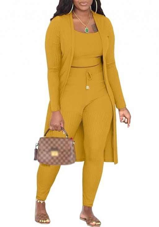 EQQZD Women 3 Piece Lounge Sets Cozy Loungewear Long Sleeve Cardigan Crop Tank Top Pants Outfit
