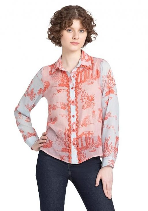 SHAYE Spread Collar Red Printed Long Sleeves Casual Shirt for Women Shirt
