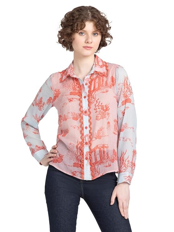 SHAYE Spread Collar Red Printed Long Sleeves Casual Shirt for Women Shirt