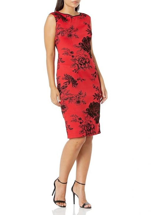 S.L. Fashions Women's Floral Print Scuba Dress, red/Black, 10