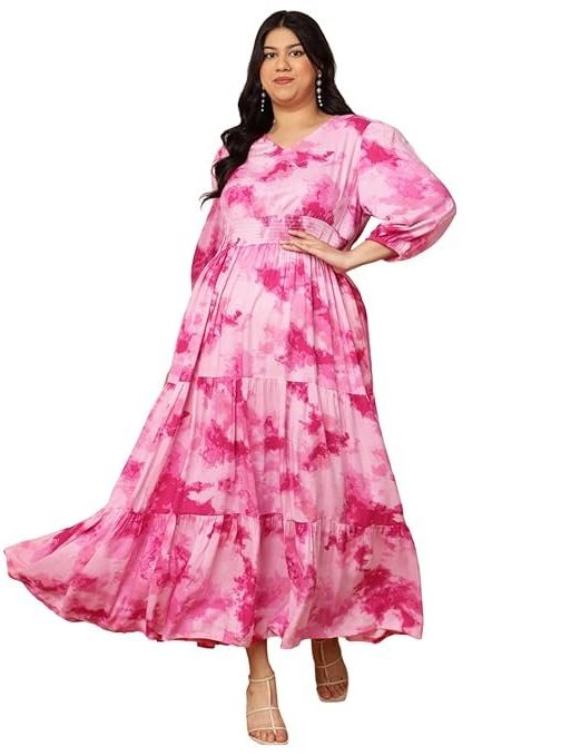 DEEBACO Tie & Dye Rayon Plus Size Tiered Maxi Dress for Women's|V-Neck 3/4 Straight Sleeves|Fit & Flare Maxi Length Summer Western Party Casual Wear Dress for Ladies