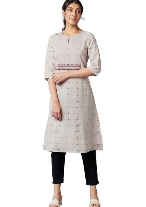 W for Woman Cotton Dobby Kurta with Embroidered Yoke for Women