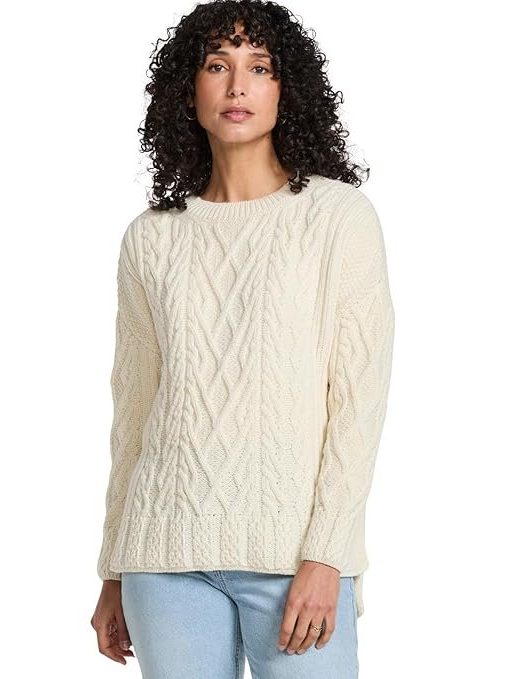 Aran Woollen Mills Tully Women's Box Aran Wool Sweater, 100% Super Soft Merino Wool, Cable Knit Design, Made in Ireland