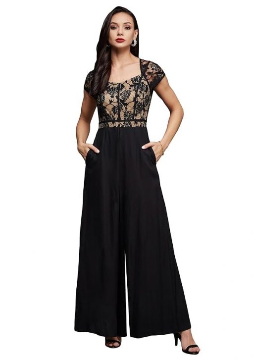 Miss Chase Women's Sweetheart Neck Raglan Sleeve Floral Lace Overlaid Viscose-Rayon Regular Length Jumpsuit