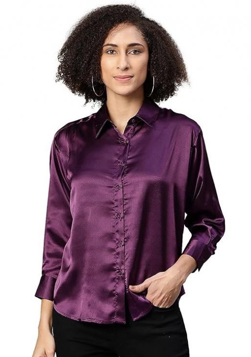 IVES Women's Setin 3/4 Sleeve Collared | A-Line Solid Regular Fit Shirt Top (Purple)