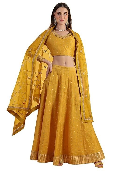 W for Woman Yellow Metallic Embroidery Crop Top & Skirt with Dupatta Set