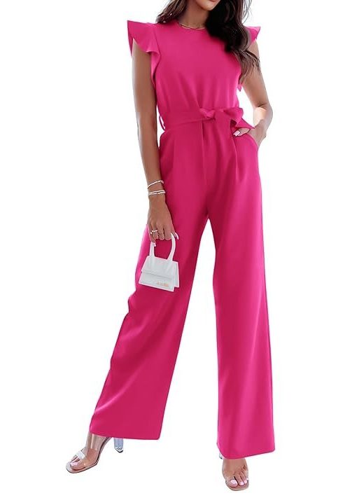 BTFBM Women Jumpsuits Crew Neck Ruffle Cap Sleeve Belted High Waist Wide Leg Romper with Pockets One Piece Casual Outfits, Solid Rose Red, Small