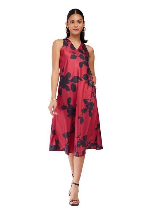 Fable Street Women Satin Floral Dress - Maroon|Perfect for Casual, Office, and Everyday Outfits