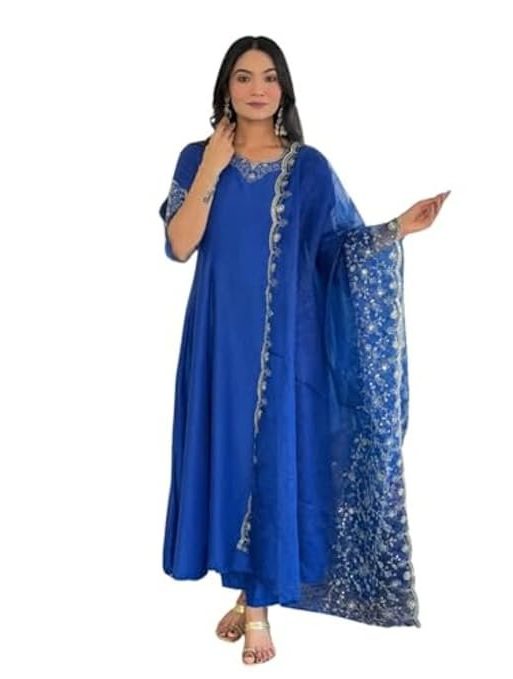 Naixa Women's Viscose Silk Embroidered Flared Kurta with Pant and Dupatta Sets (NX-641)