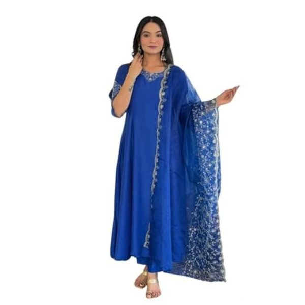 Naixa Women's Viscose Silk Embroidered Flared Kurta with Pant and Dupatta Sets (NX-641)
