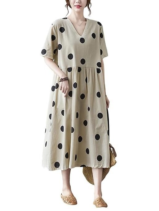 Polka Dot Dress for Women Street Fashion Loose Panels Cotton Linen V-Neck Short Sleeve Dress Photo Colour M, Photo colour, M