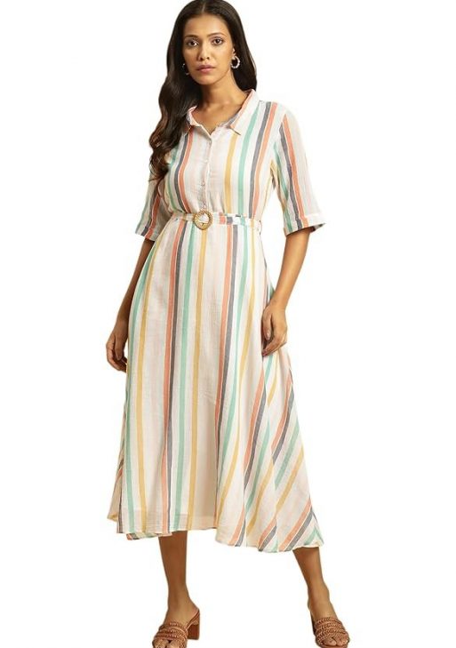 W for Woman Women's Flared Below The Knee Dress with Belt Stripe Print