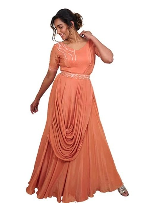 Avy's Label Cotton Crepe Jumpsuit Premium Rust Orange Crepe Jumpsuit with Pre Draped Georgette Dupatta and Maggam Work Belt_ (Rust Orange, 36)