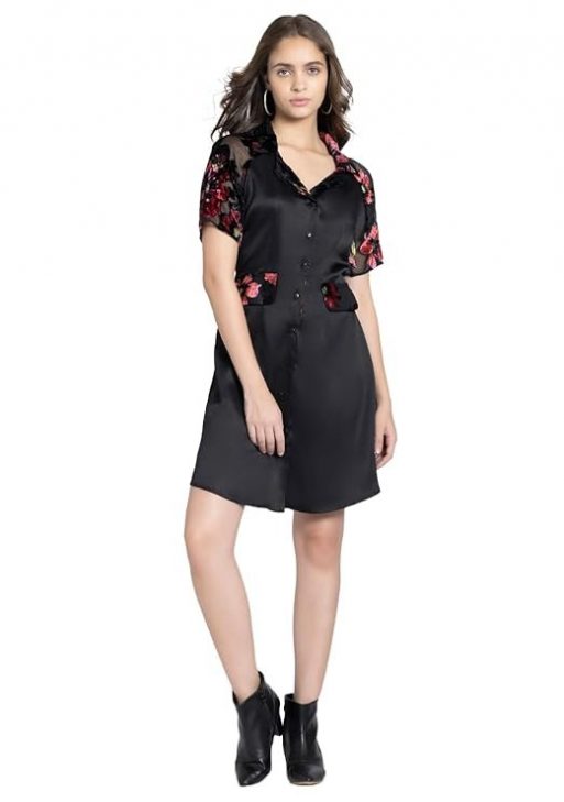 SHAYE Notch Lapel Collar Black Printed Short Sleeves Party Shirt Dress for Women