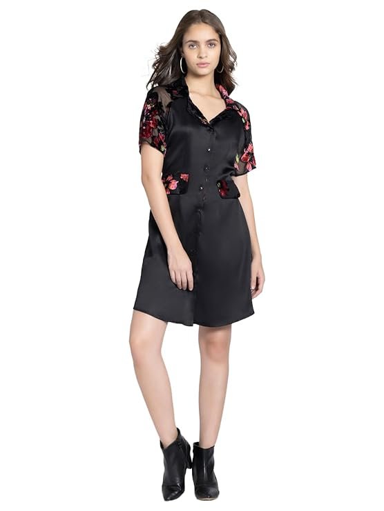 SHAYE Notch Lapel Collar Black Printed Short Sleeves Party Shirt Dress for Women