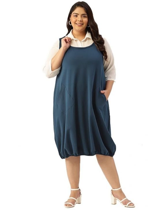 theRebelinme Plus Size Women's 5005DCINKBLUE Solid Color Shirt Collar Balloon Dress