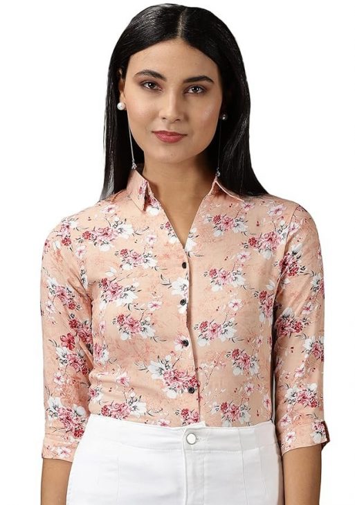 SHOWOFF Women's Spread Collar Printed Three-Quarter Sleeves Peach Shirt