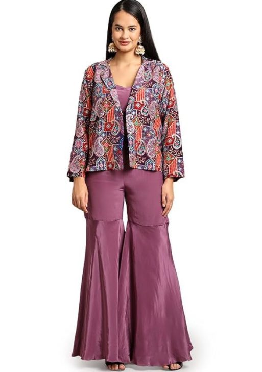 Anytime Couture 3-Piece Ethnic Set, Multicolour Paisley Print Jacket with Purple Crop Top and Flared Trousers