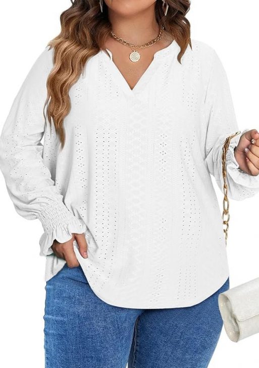 Eytino Plus Size Tops for Women Split V Neck Puff Long Sleeve Summer Loose Blouse Shirts(1X-5X)