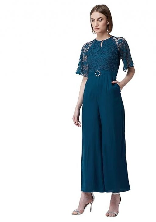 Miss Chase Women's Round Neck Flared Sleeve Floral Raglan Regular Jumpsuit with Pockets