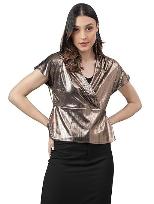 Latin Quarters Women's Short Sleeves Solid Copper Party Top
