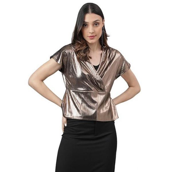 Latin Quarters Women's Short Sleeves Solid Copper Party Top