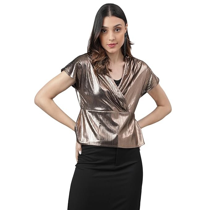 Latin Quarters Women's Short Sleeves Solid Copper Party Top